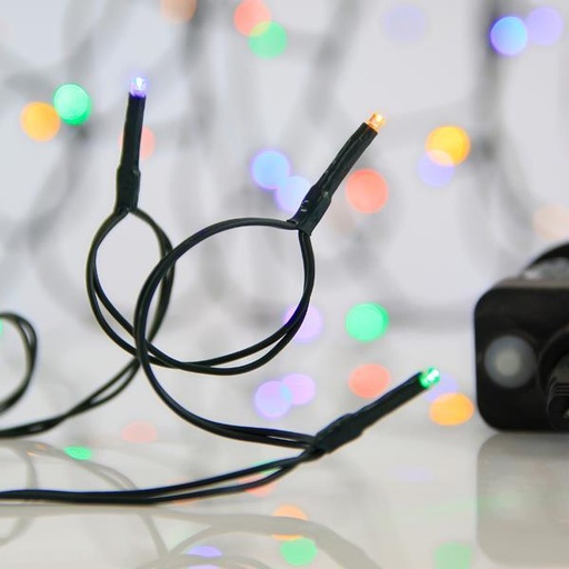 [600-13169] LÍNEA, 100 LED 3 mm, ADAPTADOR 31 V, 8 M/F y MEMORIA, CABLE PVC VERDE, MULTILED, POR 5 cm, CABLE CONDUCTOR 3 m, IP44