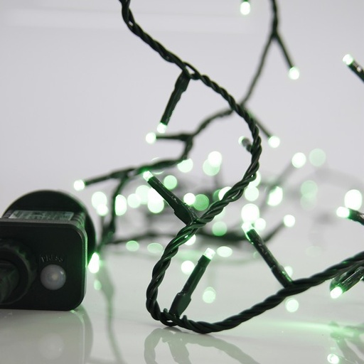 [600-13175] LÍNEA, 100 LED 3 mm, ADAPTADOR 31 V, 8 M/F Y MEMORIA, CABLE PVC VERDE, LED VERDE, POR 5 cm, CABLE CONDUCTOR 3 m, IP44