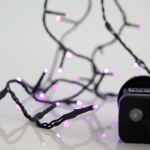 [600-13177] LÍNEA, 100 LED 3 mm, ADAPTADOR 31 V, 8 M/F Y MEMORIA, CABLE PVC VERDE, LED MORADO, POR 5 cm, CABLE CONDUCTOR 3 m, IP44