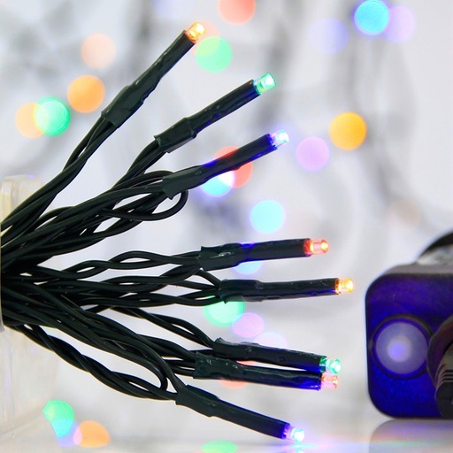 [600-13289] LÍNEA, 240 LED 3 mm, ADAPTADOR 31 V, 8 M/F Y MEMORIA, CABLE PVC VERDE, LED MULTICOLOR, POR 5 cm, CABLE CONDUCTOR 3 m, IP44