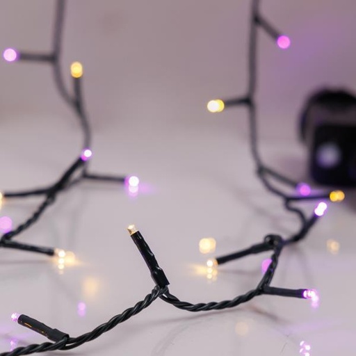 [600-13293] LÍNEA, 240 LED 3 mm, ADAPTADOR DE 31 V CON 8 M/F Y MEMORIA, CABLE DE PVC VERDE, LED BLANCO CÁLIDO Y MORADO, POR 5 cm, CABLE DE CONDUCCIÓN 3 m, IP44