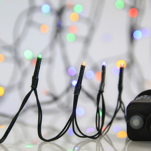 [600-13409] LÍNEA, 400 LED 3 mm, ADAPTADOR 31 V, 8 M/F Y MEMORIA, CABLE PVC VERDE, LED MULTICOLOR, POR 5 cm, CABLE CONDUCTOR 3 m, IP44