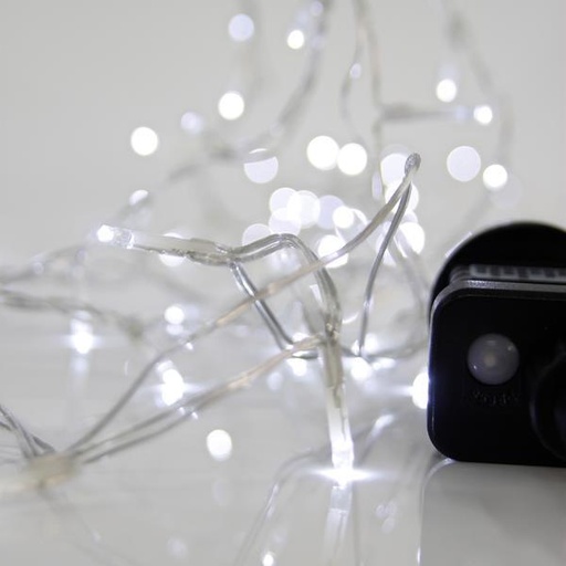 [600-14100] LÍNEA, 100 LED 3 mm, ADAPTADOR 31 V, 8 M/F Y MEMORIA, CABLE PVC TRANSPARENTE, LED BLANCO, POR 5 cm, CABLE CONDUCTOR 3 m, IP44