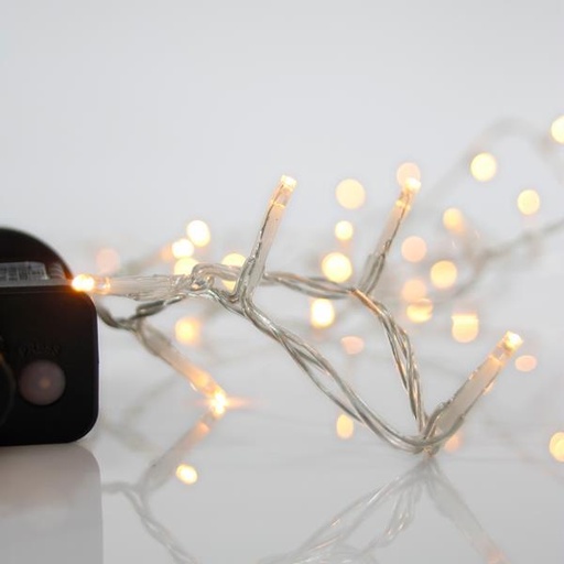 [600-14101] LÍNEA, 100 LED 3 mm, ADAPTADOR 31 V, 8 M/F Y MEMORIA, CABLE DE PVC TRANSPARENTE, LED BLANCO CÁLIDO, POR 5 cm, CABLE DE CONDUCCIÓN 3 m, IP44
