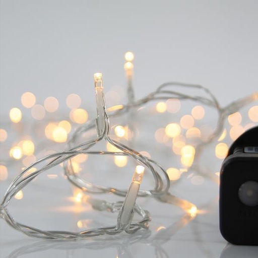 [600-14161] LÍNEA, 240 LED 3 mm, ADAPTADOR 31 V, 8 M/F Y MEMORIA, CABLE DE PVC TRANSPARENTE, LED BLANCO CÁLIDO, POR 5 cm, CABLE DE CONDUCCIÓN 3 m, IP44