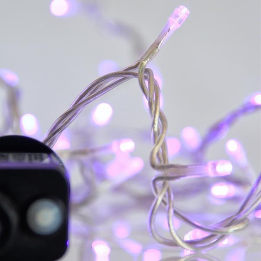 [600-14177] LÍNEA, 240 LED 3 mm, ADAPTADOR 31 V, 8 M/F Y MEMORIA, CABLE PVC TRANSPARENTE, LED MORADO CADA 5 cm, CABLE CONDUCTOR 3 m, IP44
