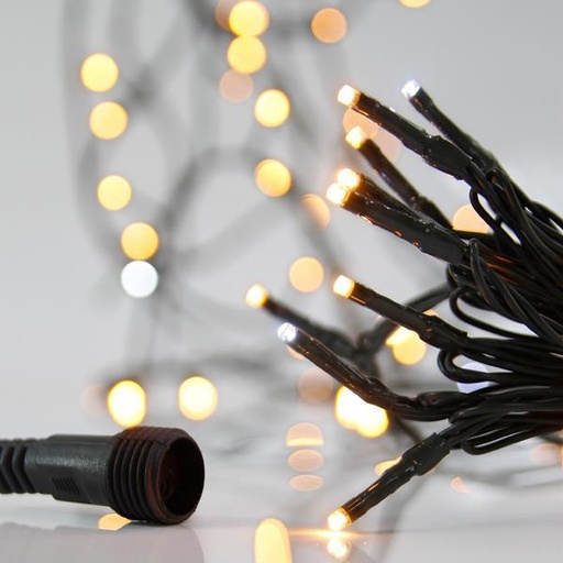 [600-15246] LÍNEA, 100 LED 3 mm, ADAPTADOR 31 V, 4 CONECTORES HASTA 3 JUEGOS, CABLE PVC VERDE, LED BLANCO CÁLIDO + 9 LED BLANCOS DE DESTELLO, POR 10 cm, CABLE 3 m, IP44