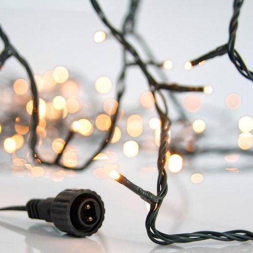 [600-15321] LÍNEA, 200 LED 3 mm, ADAPTADOR 31 V, 4 CONECTORES HASTA 3 JUEGOS, CABLE PVC VERDE, LED BLANCO CÁLIDO, POR 5 cm, CABLE CONDUCTOR 3 m, IP44