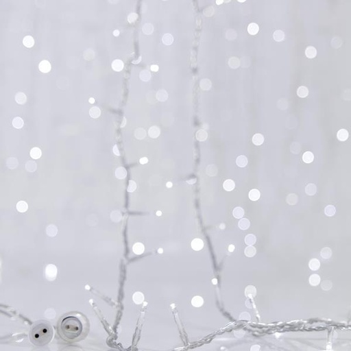 [600-17100] CORTINA, 240 LED 3 mm, ADAPTADOR 31 V, 4 CONECTORES HASTA 3 JUEGOS, CABLE PVC TRANSPARENTE, LED BLANCO, (Alto 100 x Ancho 200 cm, 20 LÍNEAS x 12 LED), CABLE CONDUCTOR 3 m, IP44