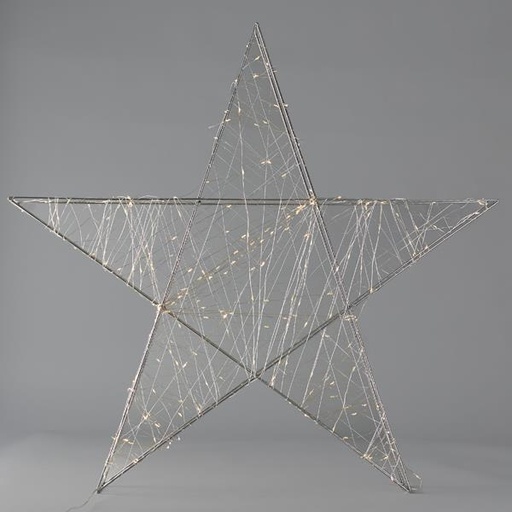 [600-22462] ESTRELLA ILUMINADA 50 cm, 160 LED, ADAPTADOR DE 4,5 V, TEMPORIZADOR, ESTRUCTURA DE METAL PLATEADA, CABLE DE COBRE PLATEADO, LED BLANCO CÁLIDO, CABLE DE 5 m, IP44