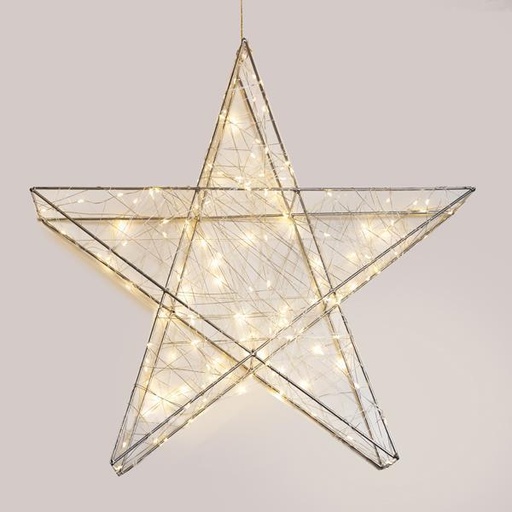 [600-22463] ESTRELLA ILUMINADA 110 cm, 480 LED, ADAPTADOR DE 4,5 V, TEMPORIZADOR, ESTRUCTURA DE METAL PLATEADA, CABLE DE COBRE PLATEADO, LED BLANCO CÁLIDO, CABLE DE 5 m, IP44