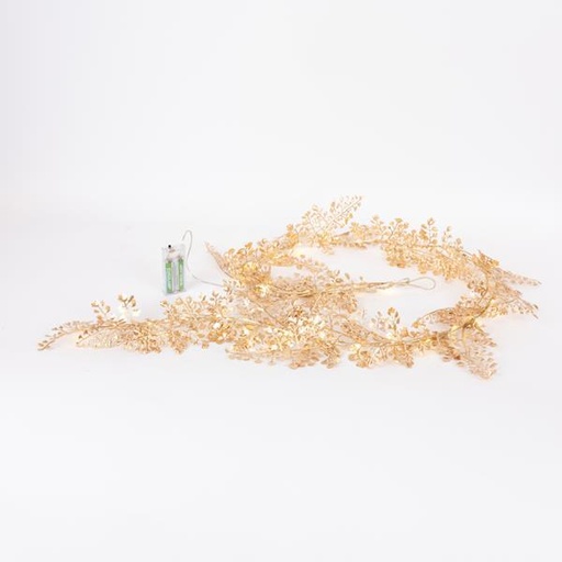 [600-22548] Guirnalda dorada iluminada con hojas doradas, 150 cm, 30 LED blanco cálido, caja de pilas 2xAA, cable de 50 cm, IP20