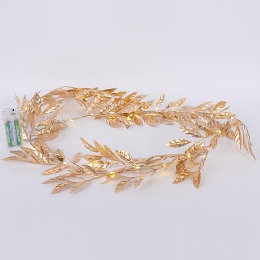 [600-22549] Guirnalda dorada iluminada con hojas de olivo doradas, 150 cm, 30 LED blanco cálido, caja de pilas 2xAA, cable de 50 cm, IP20