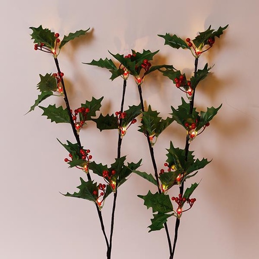 [600-22551]  2 RAMAS VERDES CON BAYAS ROJAS H75cm, CAJA DE PILAS 3XAA, TEMPORIZADOR, 2*8 LED BLANCO CÁLIDO, CABLE DE 30cm, IP20