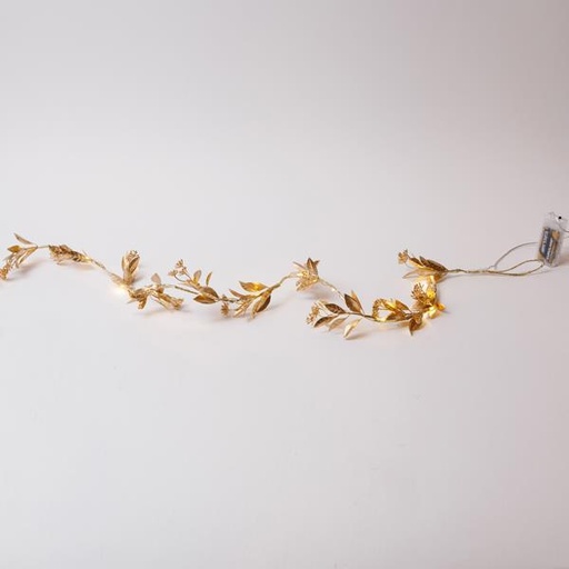 [600-22561] Guirnalda dorada iluminada con capullos de 150 cm, 16 LED blanco cálido, caja de pilas 3xAA, temporizador, cable de 30 cm, IP20