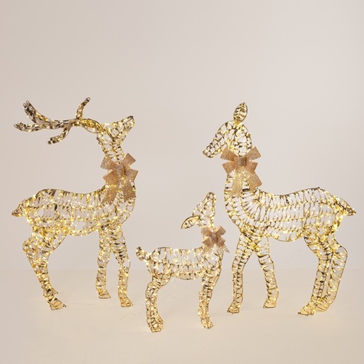 [600-22574] RENO DORADO ILUMINADO 62/100/102 cm, 3 DISEÑOS, MINI LED 200/480/480, ADAPTADOR DE 31 V, TEMPORIZADOR, CABLE DE COBRE PLATEADO, ESTRUCTURA DE METAL DORADO, LED BLANCO CÁLIDO, CABLE DE 5 m, IP44