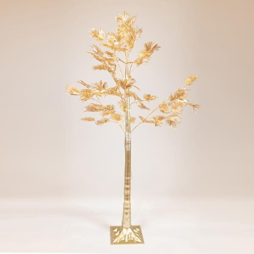 [600-30585]  ÁRBOL DORADO CON HOJAS DE PALMA 1,5m, ADAPTADOR 4,5V, MINI LED 110 lúmenes BLANCO CÁLIDO, CABLE 3m, IP44