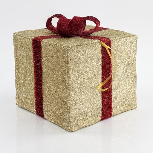 [600-40837] CAJA DE REGALO DE TELA, DORADA CON CINTA ROJA, 40cm