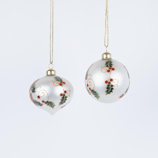 [600-42860] ADORNO DE VIDRIO, CON MUÉRDAGO PINTADO, EN 2 FORMAS, SET DE 4 PIEZAS, 8 cm