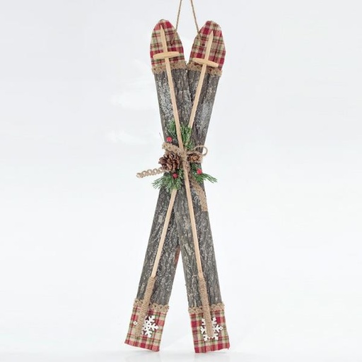 [600-43232] PATINES DE HIELO DE MADERA CON CUADROS ROJOS, 17x7x65cm