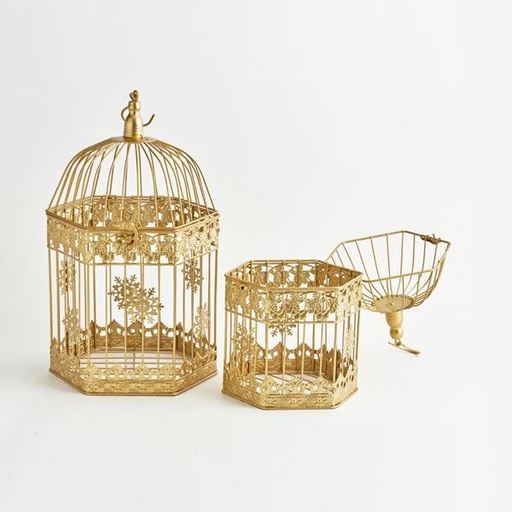 [600-44155] JAULA, METAL, HEXÁGONO, DORADA, SET 2 PIEZAS, 26x23x43cm Y 20x18x34cm