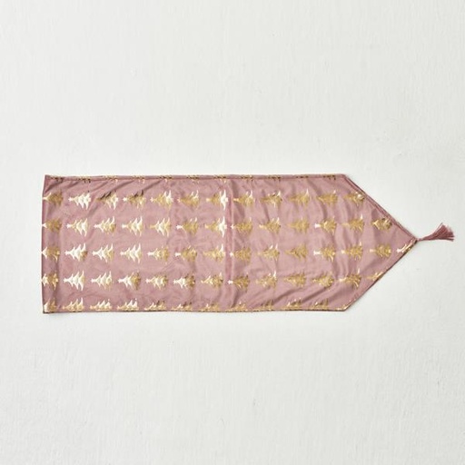 [600-44177] CAMINO DE MESA, ROSA CON ÁRBOLES DORADOS, TERCIOPELO, 180x32cm