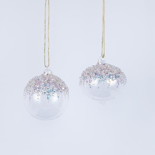 [600-44319] BOLA DE VIDRIO, TRANSPARENTE, CON PERLAS TRANSPARENTES, 2 FORMAS, SET 4 UDS., 10cm