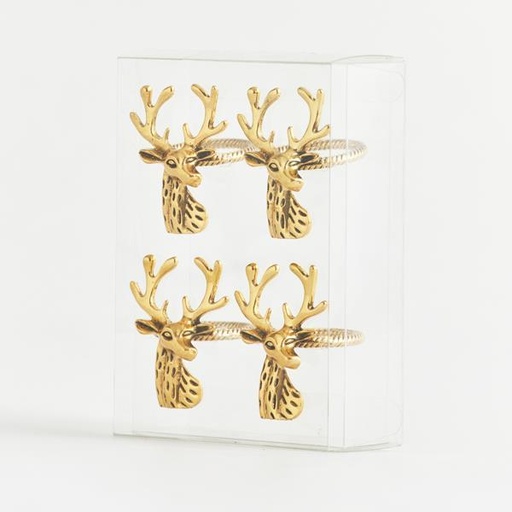 [600-44336] SERVILLETAS DE METAL CON CIERVO DORADO, SET DE 4 PIEZAS