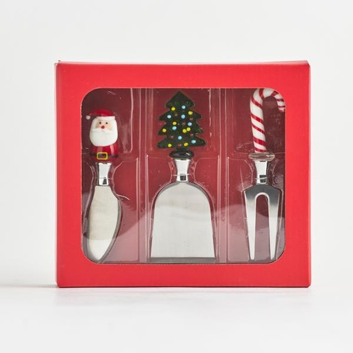 [600-44340] CUCHILLOS PARA QUESO, CON PAPÁ NOEL, ÁRBOL DE NAVIDAD Y BASTÓN DE CARAMELO, SET DE 3 PIEZAS