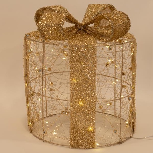 [600-44342] REGALOS REDONDOS ILUMINADOS 15-20-25cm, CAJA DE PILAS, TEMPORIZADOR, DORADO CON PERLAS, LED BLANCO CÁLIDO, IP20