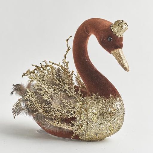 [600-44450] CISNE DE TERCIOPELO, MARRÓN, CON BRILLO DORADO, 28 cm