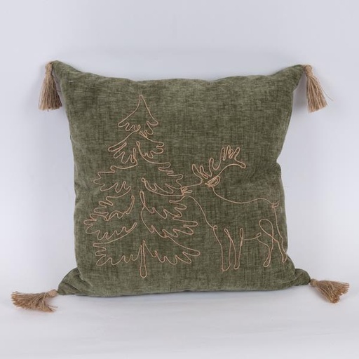 [600-46021] ALMOHADA VERDE OLIVA, CON ÁRBOL DE NAVIDAD Y CIERVO, 45x45cm