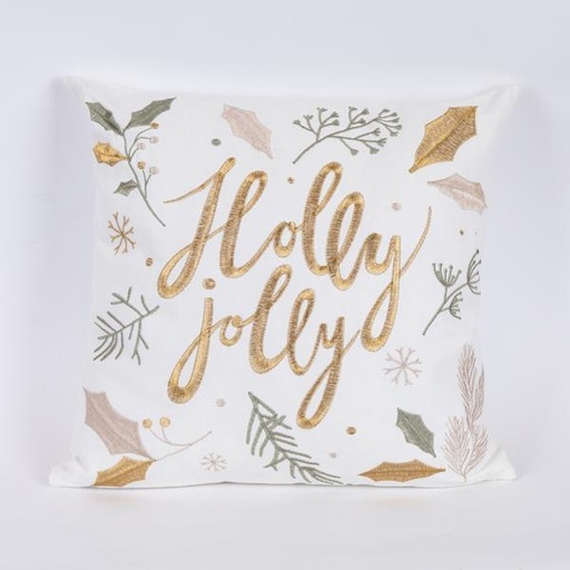 [600-46024] ALMOHADA BLANCA, CON LETRERO DORADO HOLLY JOLLY, 45x45cm
