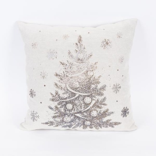 [600-46027] ALMOHADA BEIGE, CON ESTAMPADO METÁLICO ÁRBOL DE NAVIDAD, 45x45cm