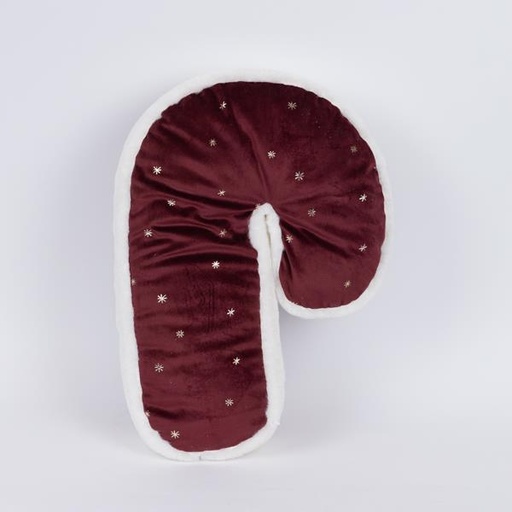 [600-46031] ALMOHADA BASTÓN DE CARAMELO, TERCIOPELO BURDEOS CON ESTRELLAS DORADAS, 6x30x45cm
