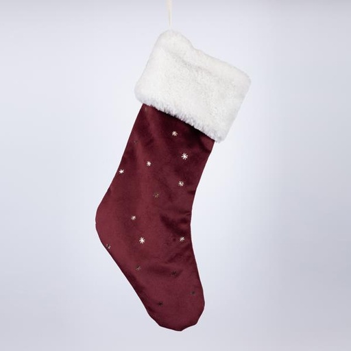 [600-46032] CALCETÍN DE TERCIOPELO BURDEOS CON COPOS DE NIEVE DORADOS, 25x45 cm