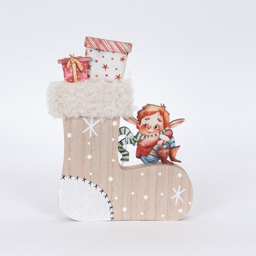 [600-46084] BOTA DE MADERA DECORATIVA CON DUENDE, 2,5x18x24,5cm