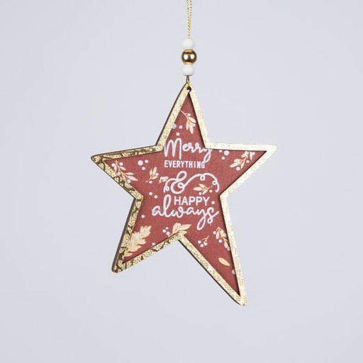 [600-46099] ADORNO DE MADERA ESTRELLA, ROJO CON DORADO, 0,5x11x24cm