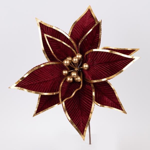 [600-46167] FLOR DE TERCIOPELO, BORGOÑA, CON DETALLES DORADOS EN PÉTALOS, 33x24cm