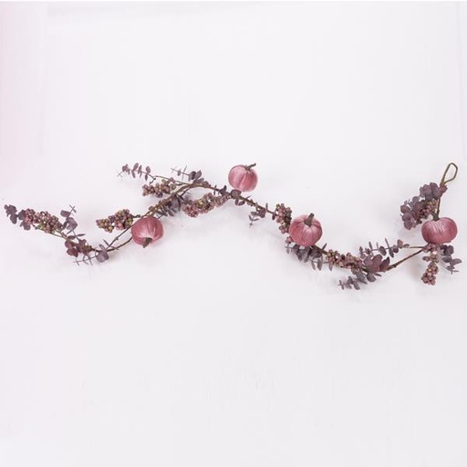[600-46177] RAMA CON CALABAZAS DE TERCIOPELO ROSA Y BAYAS BURDEOS, 120 cm