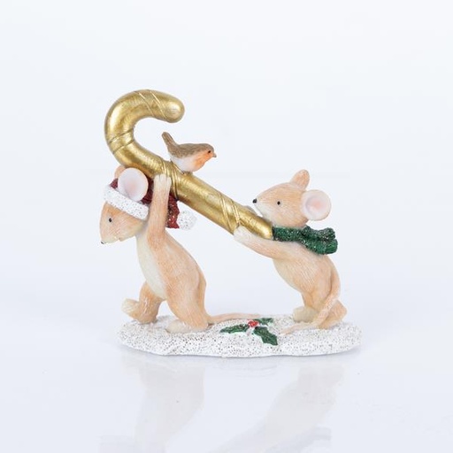 [600-46244] RATITO DE POLIRESINA CON BASTÓN DE CARAMELO DORADO, 4x10,5x11cm