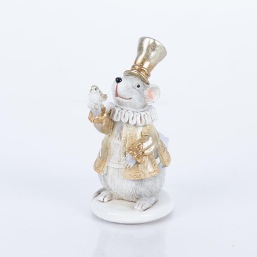 [600-46248] Figura decorativa de polirresina, ratón con pájaro, color champán, 5,5 x 7,5 x 11 cm.