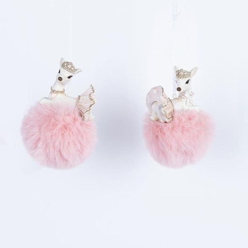 [600-46251] ADORNO COLGANTE DE POLIRESINA, RENO EN PON PON ROSA, 2 DISEÑOS, 6x11cm