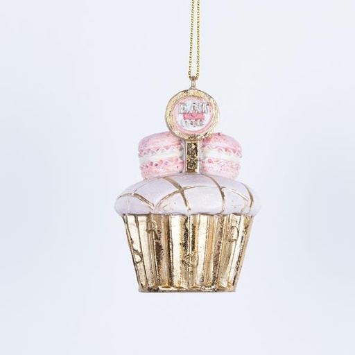 [600-46255] ADORNO COLGANTE DE POLIRESINA, CUP CAKE, DORADO CON ROSA, 4,5x7cm