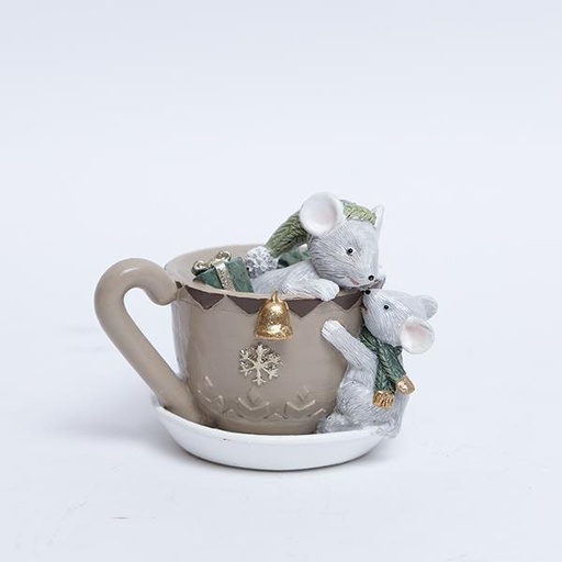 [600-46259] RATONES DECORATIVOS DE POLIRESINA, EN TAZA DE TÉ, CHAMPÁN, 7,5x8,5x10cm