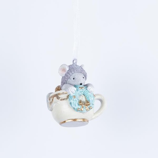 [600-46263] TAZA DE TÉ CON RATÓN, DECORATIVA DE POLIRESINA, BLANCA, 4x5x5,5cm