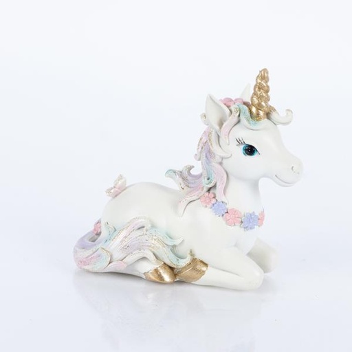 [600-46266] UNICORNIO SENTADO, POLIRESINA, ÓPALO, 8x15,5x14cm