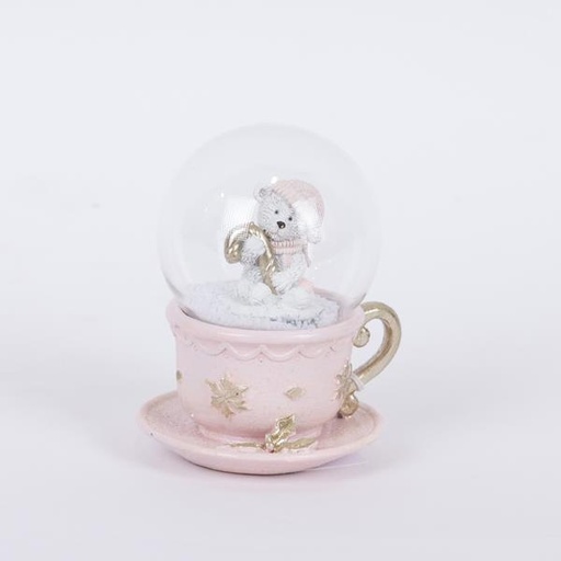 [600-46275] BOLA DE NIEVE EN TAZA DE TÉ CON OSO, ROSA, 7x8x10cm