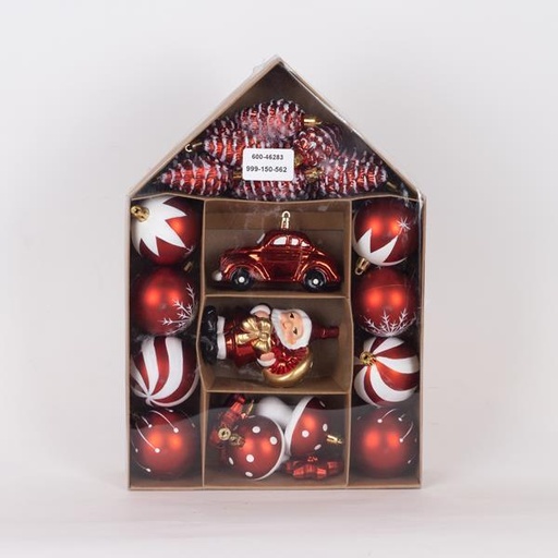 [600-46283] ADORNOS DE PLÁSTICO, ROJO Y BLANCO, DISEÑOS MÚLTIPLES, SET DE 27 PIEZAS