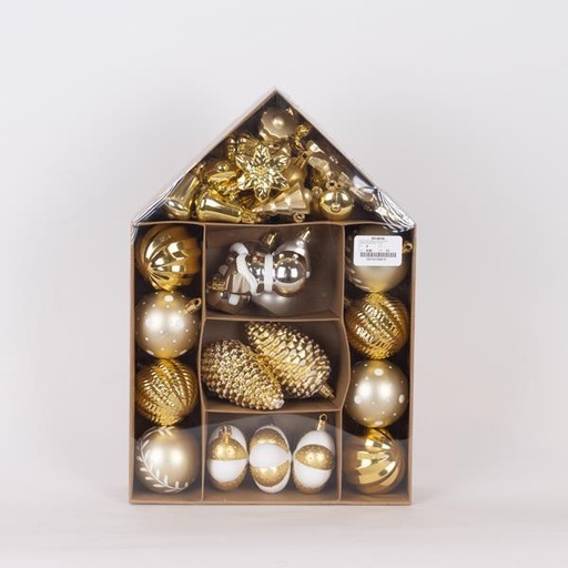 [600-46284] ADORNOS DE PLÁSTICO, DORADO Y BLANCO, DISEÑOS MÚLTIPLES, SET DE 37 PIEZAS